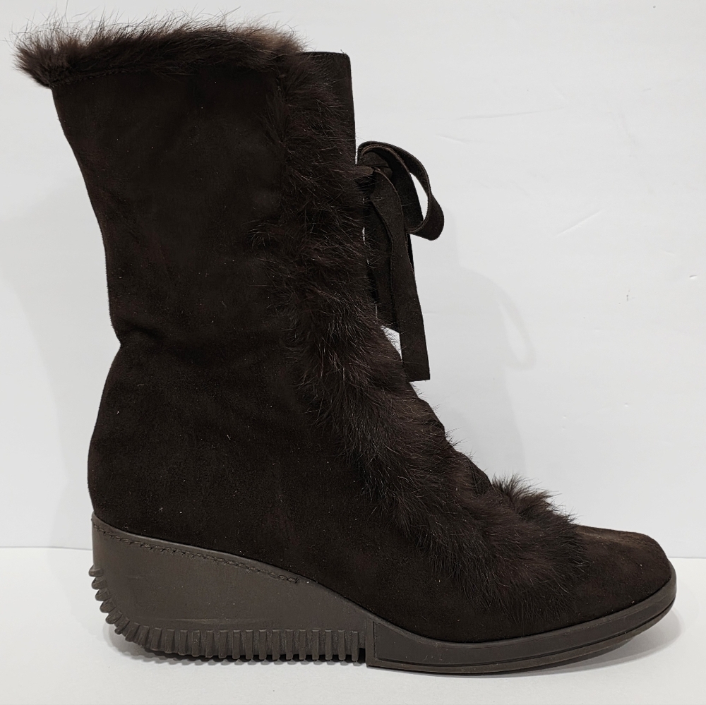 Via Spiga Brown Suede Faux Fur Trim Wedge Boot Zipper Chunky Lace Up 10 M Used